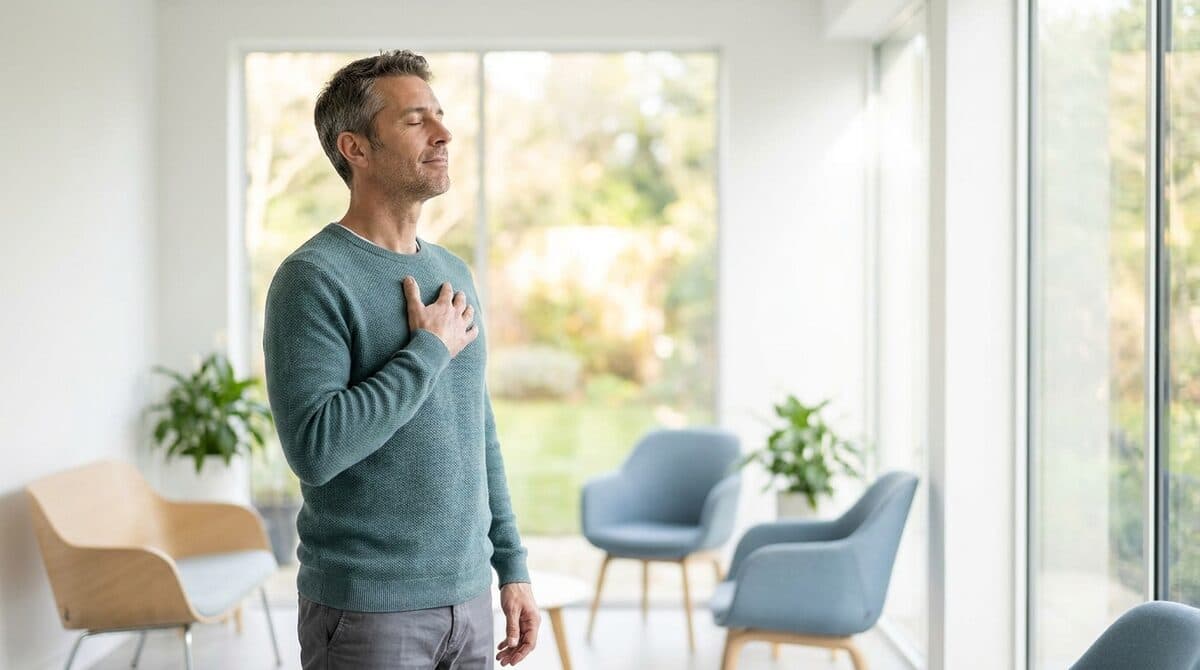 A person breathing easily in clean air — illustrating the clearing of bronchial mucus.