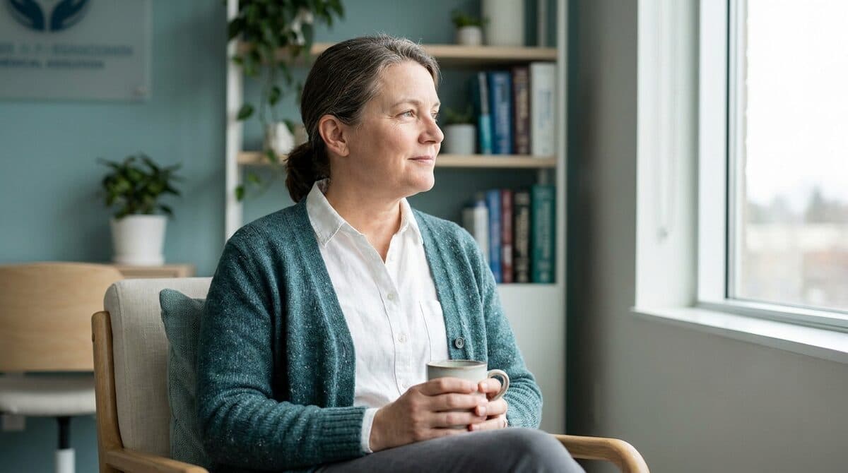 A person resting with a warm drink by a window — illustrating the management of chronic bronchitis.