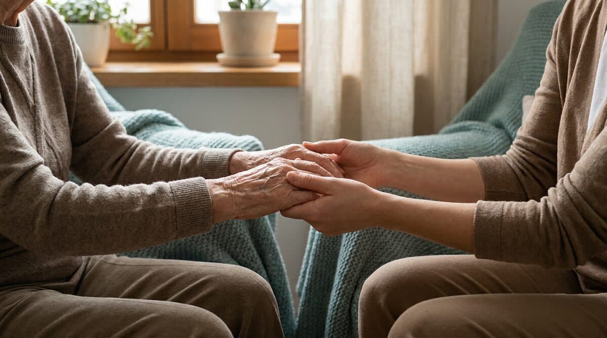 A younger hand supportively holding an elderly person's hand — symbolizing care and support in advanced COPD.